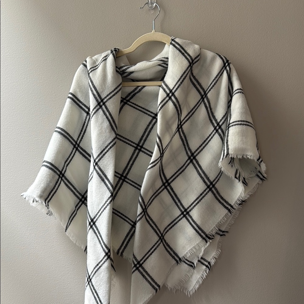 Square Fringe Shawl in black and cream windowpane pattern